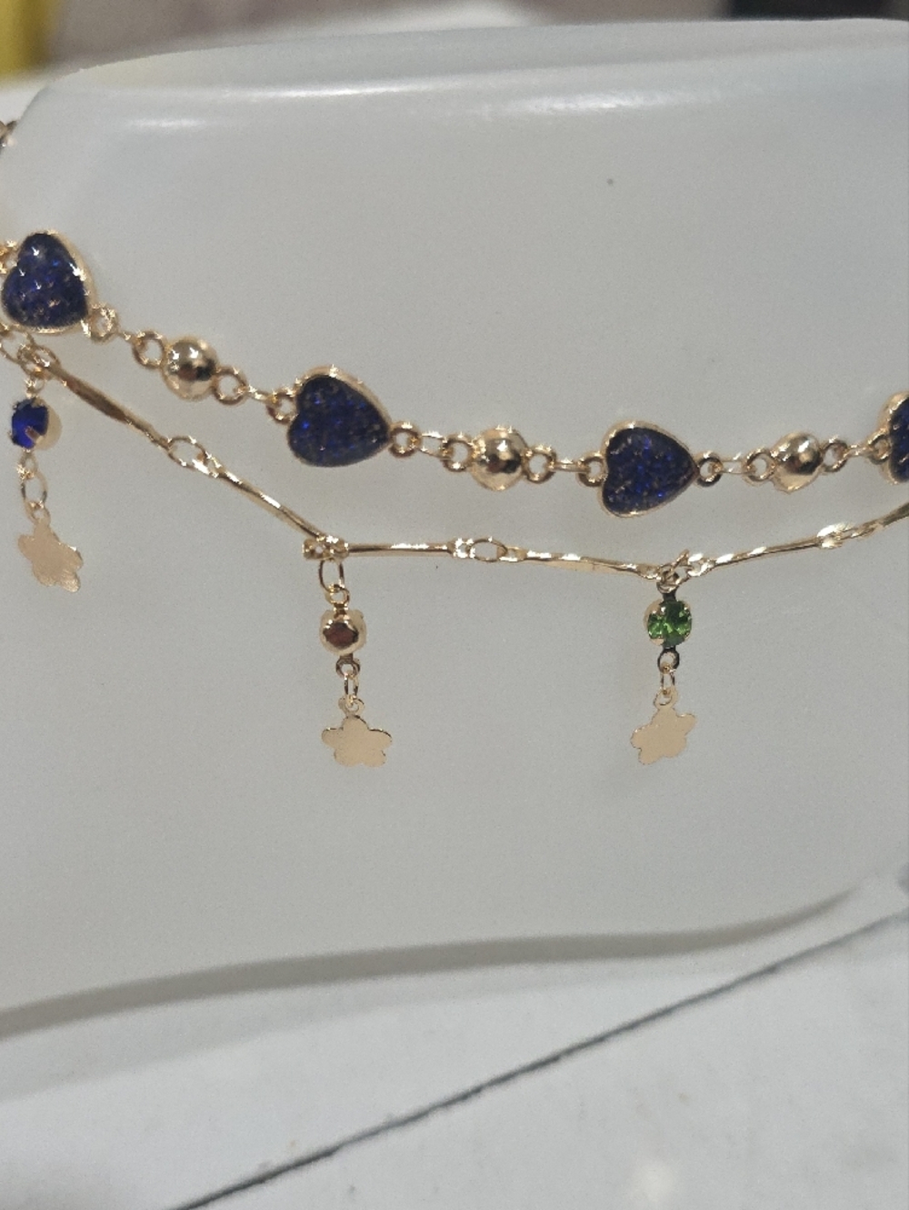 14k Gold-Plated Blue Heart Dangle Anklet with Charms - Picture 2 of 3